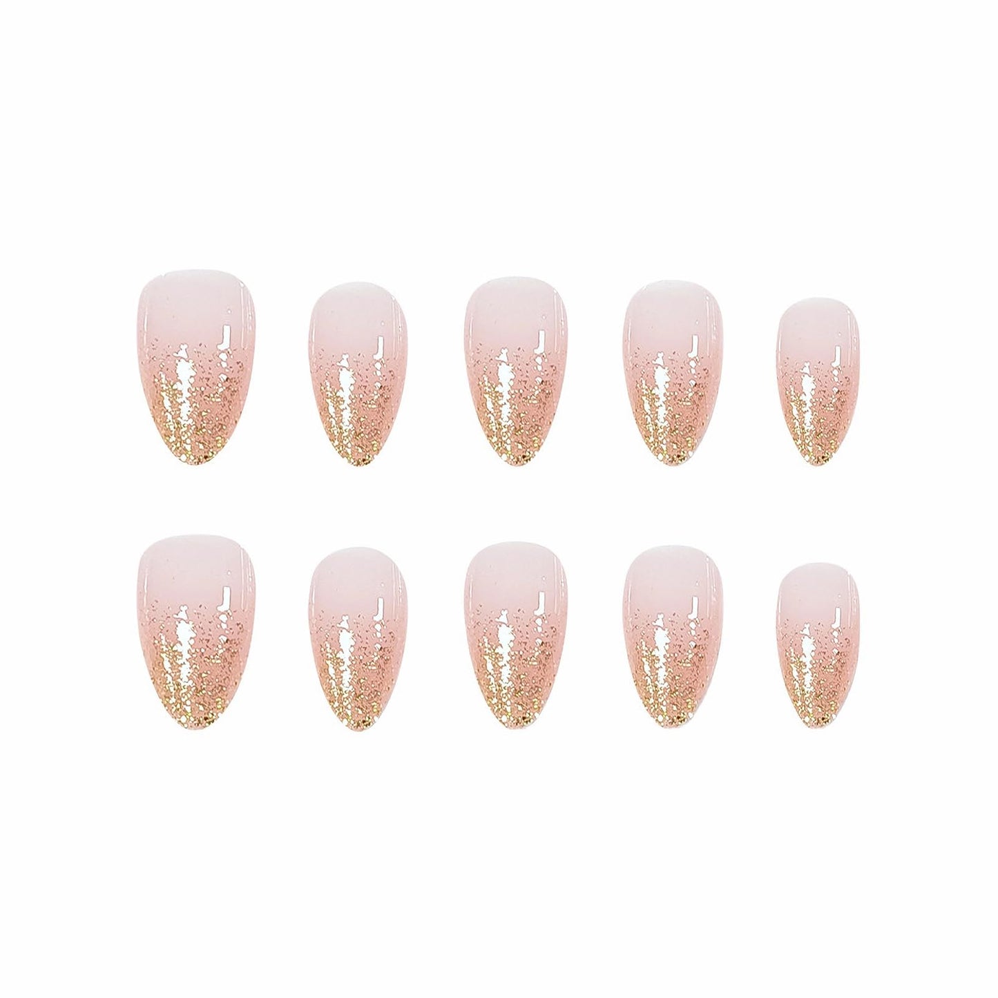 MISUD Press on Nails - Short Almond Fake Nails with Nude Pink, Acrylic Bling Gold Glitter Design 30 pcs