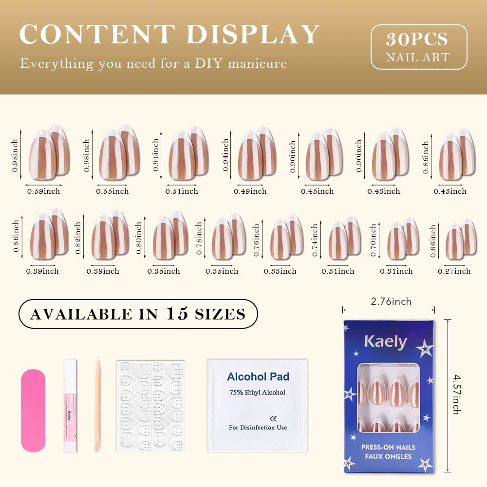 evpct French Tip Press On Nails Medium Almond, Nude Brown + White Tips, Chrome Glazed Medium Almond Fake False Press on Nails, Soft Gel Stick on nail Press ons Nail Kit, Reusable Salon Quality