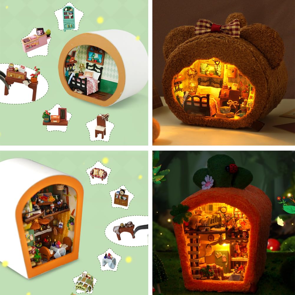 DIY Miniature Dollhouse with LED Lights Creative Modern Cabin Handmade Mini House Model, Furniture Scene, Mini Decorative Wooden Craft