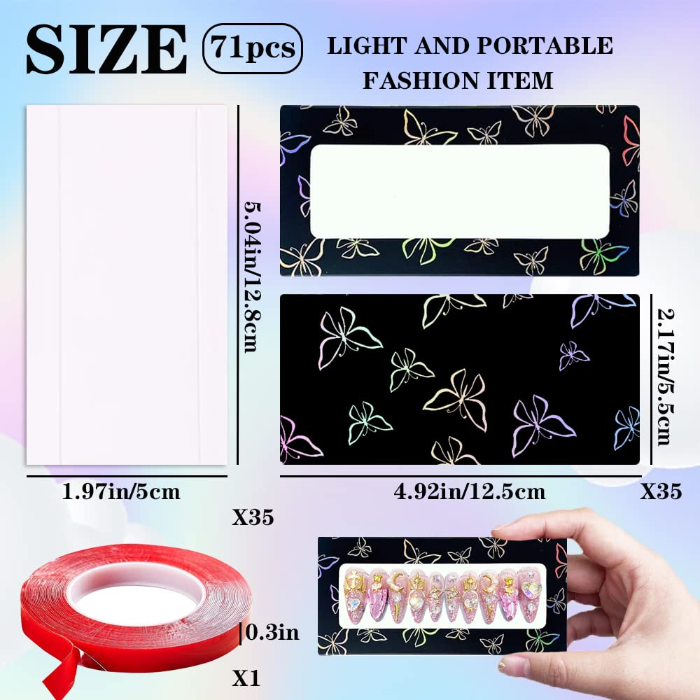 HLQHXWHZT 71 Pcs Include 35Pcs Empty Press on Nails Packaging Box 35 Pcs White Background Papers and 1 Double Sided Tape, Empty Nail Package Box Set for Press on Nail Business (Black)…