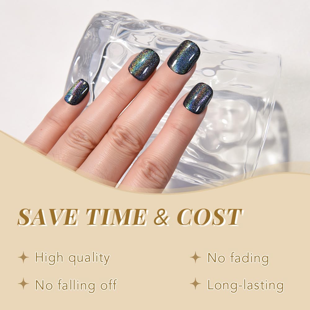 evpct Black Chrome Cat Eye Short Press on Nails Square No Glue, Short Square Fake False Nails Press ons for Women Gift, Black Glitter Glossy Reusable Spring Summer Soft Acrylic Fake Nail with Design