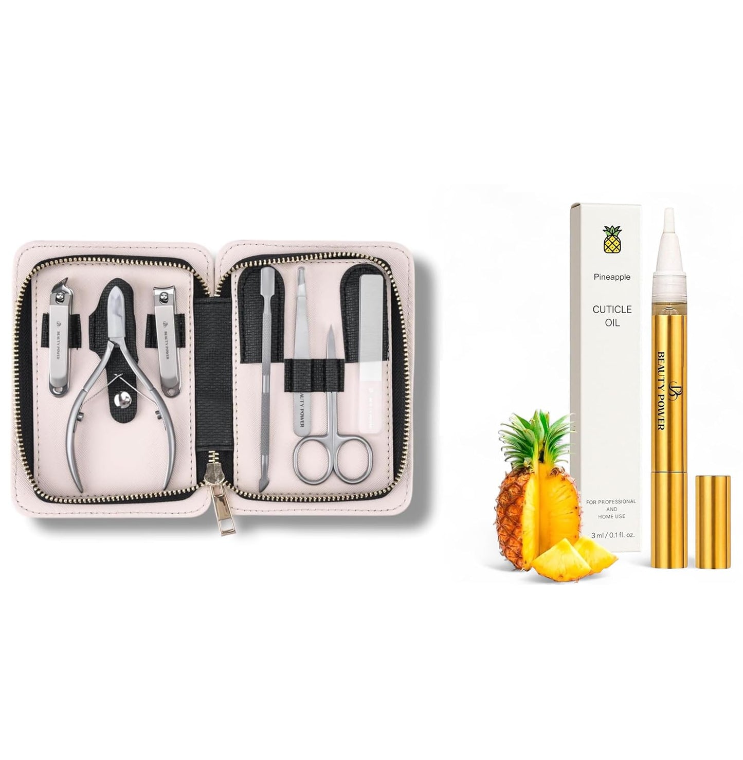 Manicure Pedicure Set 7-1 & Pineapple Cuticle Oil Pen for Free Bundle, Stainless Steel, Ultra Sharp, Slanted Nail Clipper, Fingernail Clipper, Cuticle Nipper, Glass Nail File, Eyebrow Tweezers
