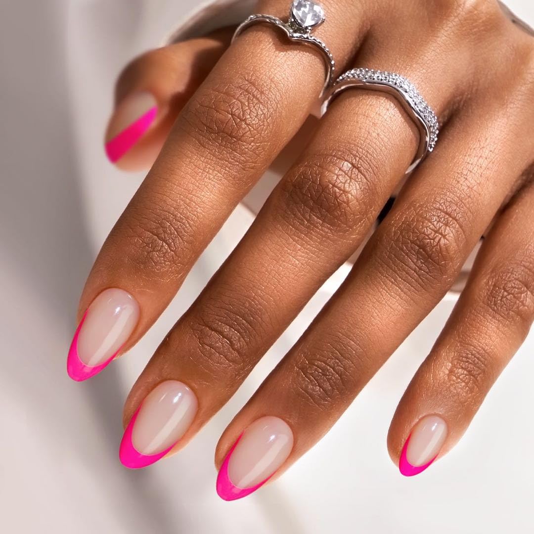 BTArtbox French Tip Press On Nails - Almond Stick On Nails for Women, Glue On Nails with Nail Glue, Berry French & Dazzling Pink