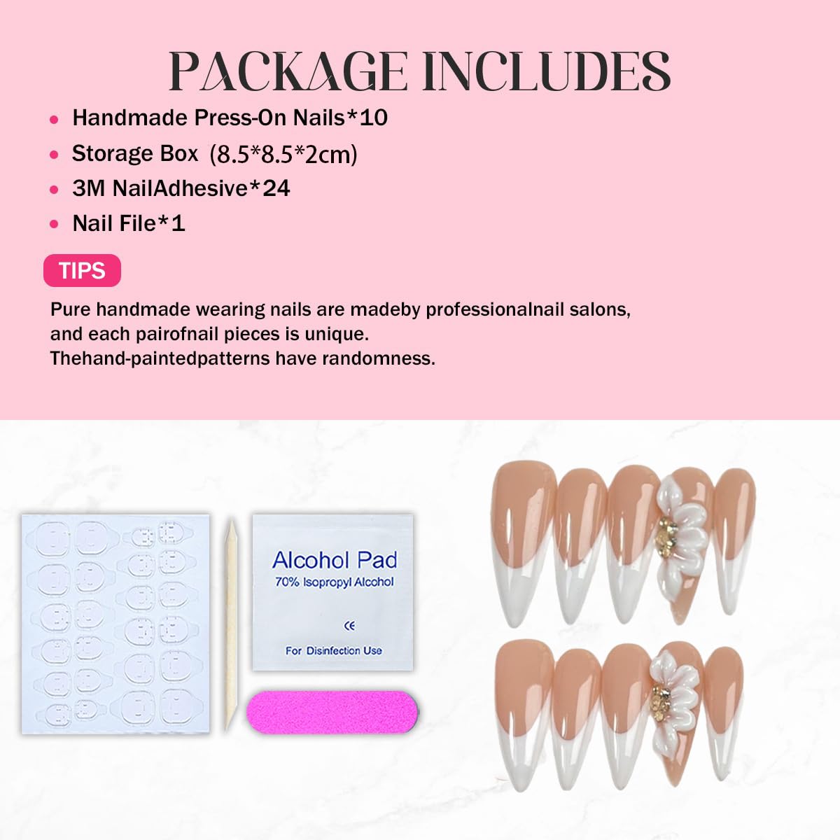Stiletto Almond Press on Nails White French 3D Embossed Flower Fake Nails Medium Handmade Press on Nails Thick Acrylic and Muti-Layer Gel False Nails Stick on Nails DIY Art Decorate for Women (S)
