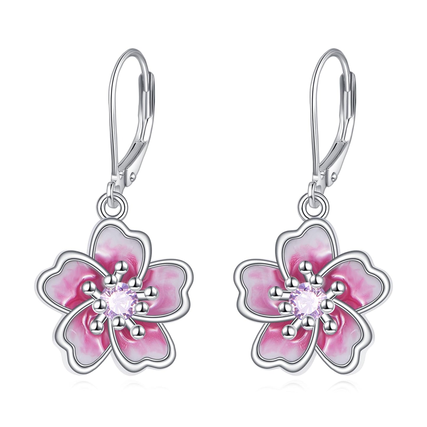 TIGER RIDER Cherry Blossom 925 Sterling Silver Leverback Earrings Flora Jewelry Gift for Women Birthday Christmas