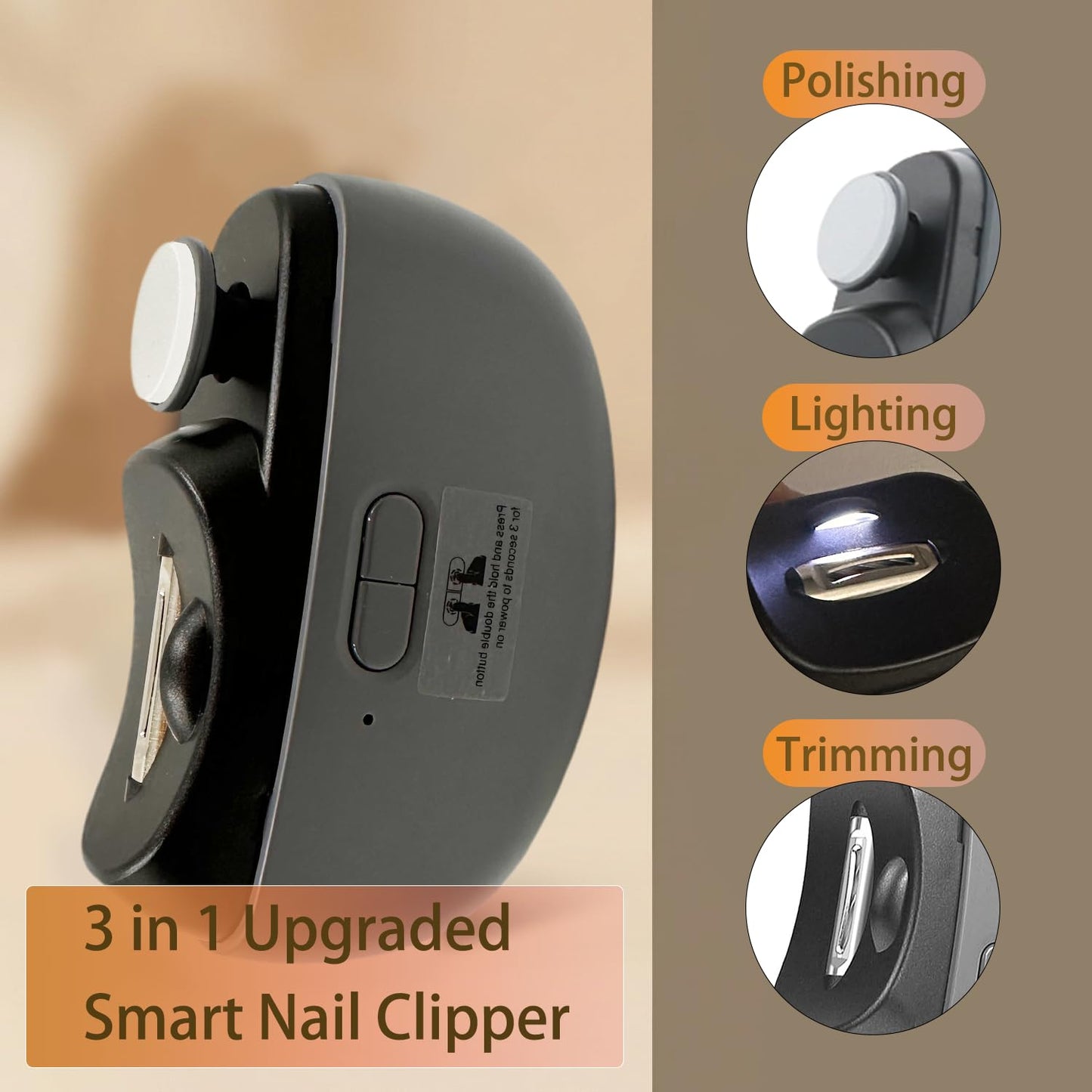 Electric Nail Clipper - 3 in 1 Upgraded Smart Trimming & Polishing Nail Clipper with 2 Adjustable Speeds, LED Light & Chip Collecting Box, Suitable for Children, Elderly（Gray）