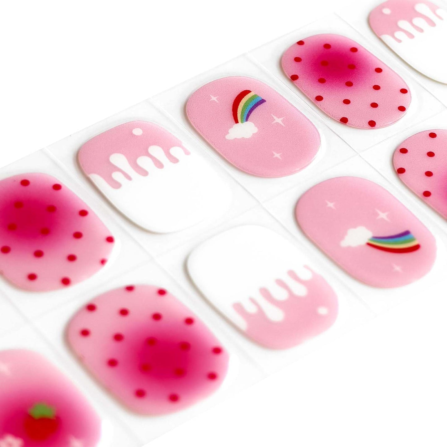 YIZHUO Kids Gel Nail Strips 22PCS - Strawberry Pink Polka Dot Designs, Semi-Cured Nail Wraps for Girls, UV/LED Light Required