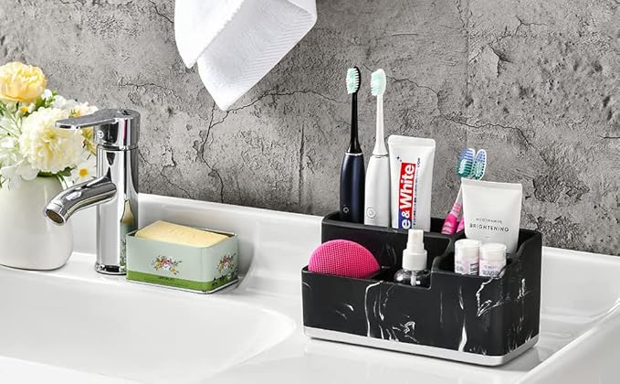 VITVITI Toothbrush Holders for Bathroom, Bathroom Organizer Countertop, 5 Compartment Bathroom Accessories Storage for Toothpaste/Vanity Counter/Sink, Black Resin of Marble Color