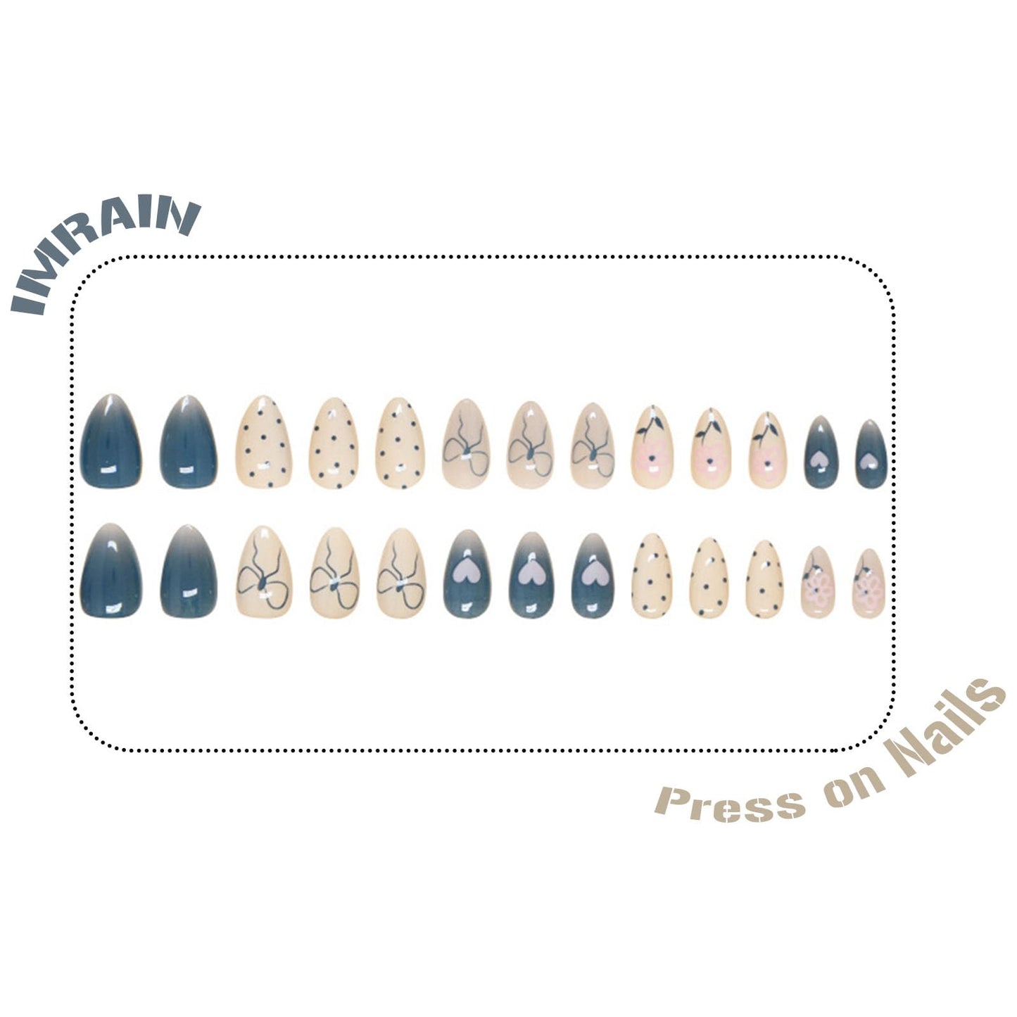 IMRAIN Press on Nails Almond Medium Fake Nails Blue Bow White Glossy Artificial False Nails Gel Manicure Stick on Nails for Women 24Pcs