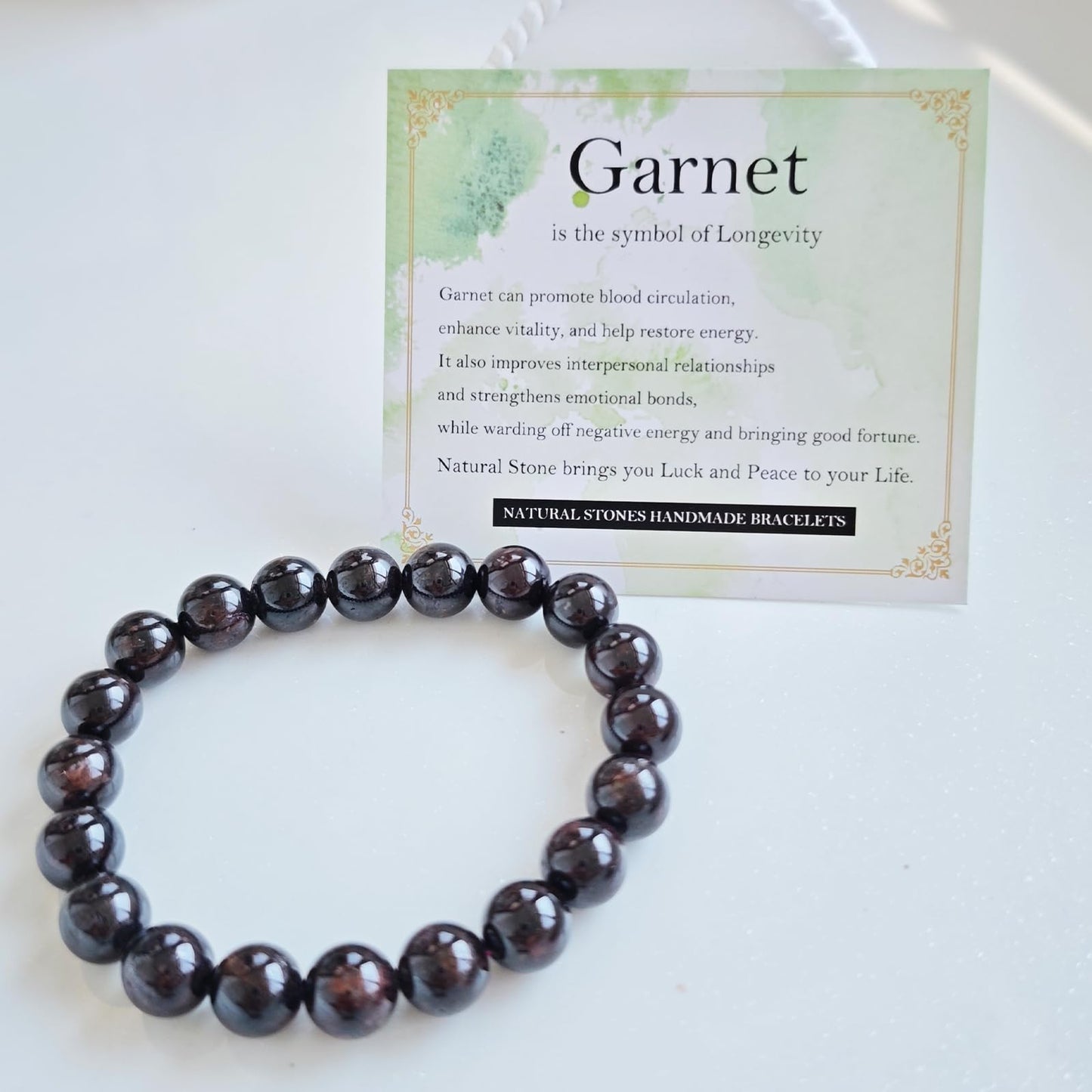 Handmade Natural Gemstone Elastic Bracelet - Healing Crystal Beads Jewelry, Unisex (Garnet, 8mm)
