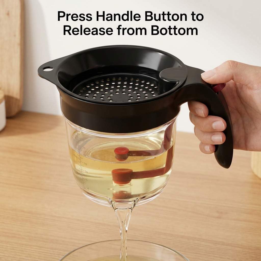QWORK Fat Separator, 4 Cups / 1000 ml Grease Separator with Bottom Release - Soup Oil Separator Measuring Cup for Cooking