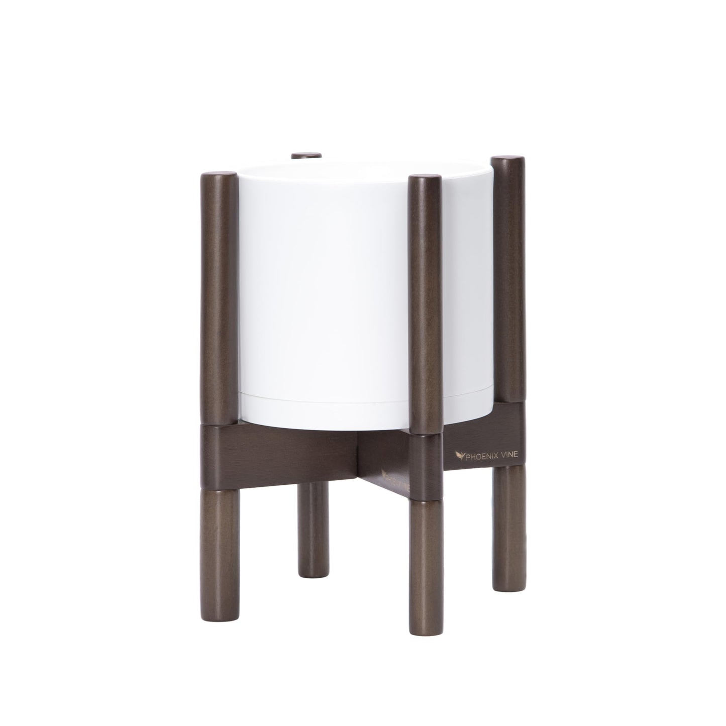 D'vine Dev Planter Pot with Stand - 8 Inch Plastic Cylinder Flower Pot with Wood Planter Holder for Indoor, Matte White Pot + Walnut Color Stand, 55-C-I-1