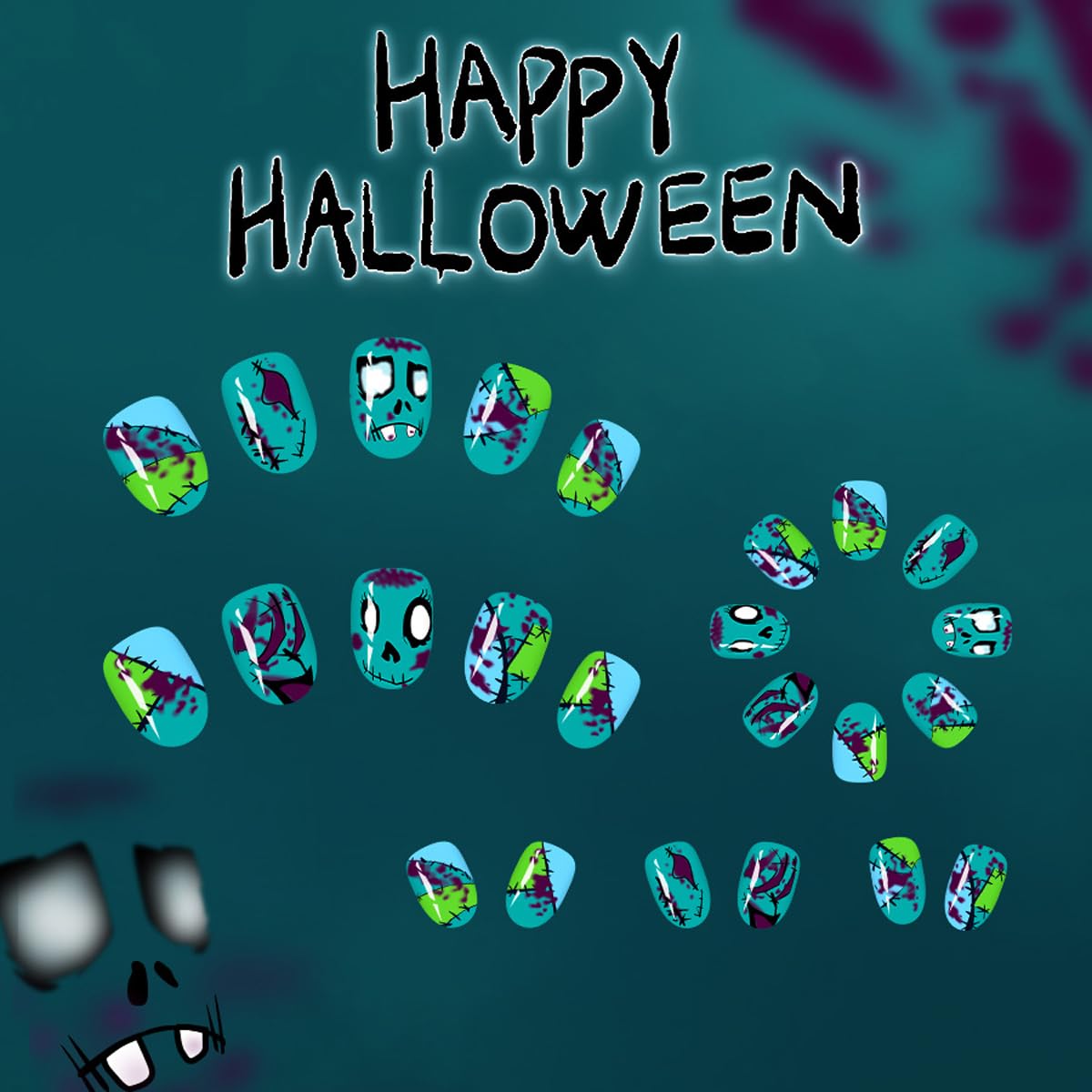 Halloween Green Press on Nails Short Oval Fake Nails Goth Nails Press ons with Zombie Bloodstain Design-Reusable Artificial Nail Full Cover Glossy Glue on Nails Stick on Nails for Women Manicure 24Pcs