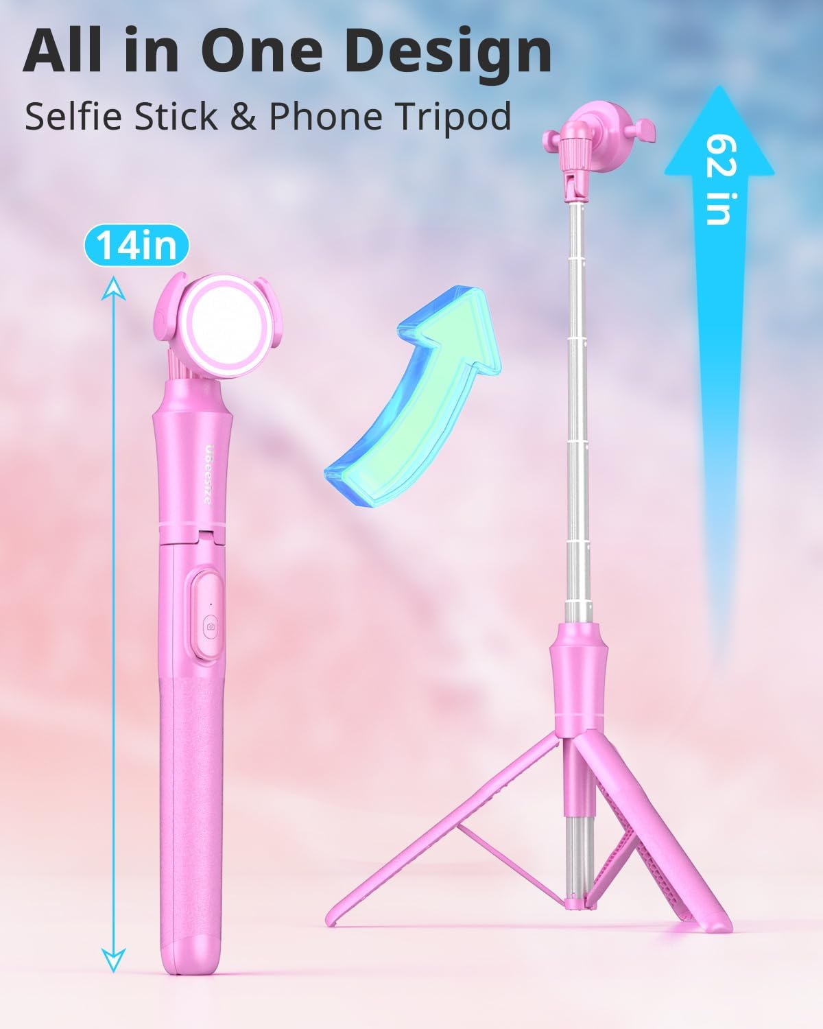 UBeesize 62'' Magnetic Selfie Stick Phone Tripod with Wireless Remote, Extendable Cell Phone Stand, Compatible with MagSafe, Cellphone Stand for iPhone 15 14 13 12 and Android Phones Pink