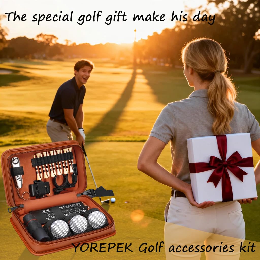 YOREPEK Golf Accessories Kit for Men, Golf Stuff Set with Leather Case, Golf Balls, Golf Tees, Multifunctional Divot Knife, Monocular, Scorer, Golf Gifts for Men Women Golfers