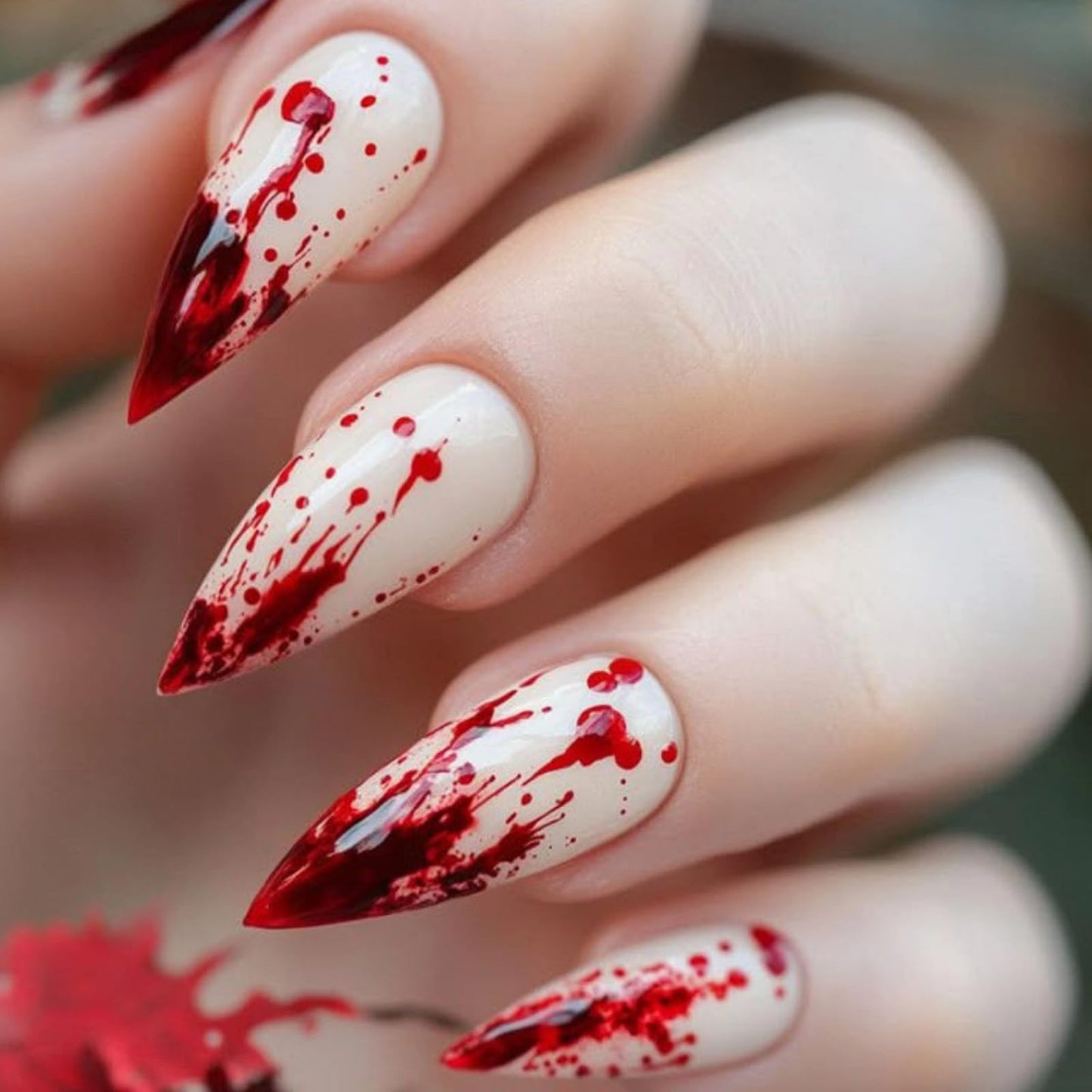MISUD Press on Nails - Medium Stiletto Glue on Nails with Goth Blood, Acrylic Gothic Horror Design 24 pcs