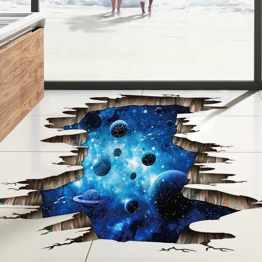 3D Space Floor Sticker,Blue Galaxy Wall Decal-Removable Mural for Kids Bedroom Living Room Milky Way Decorations