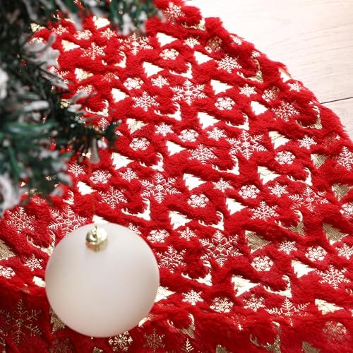 Arrowbash 48 Inch Christmas Tree Skirt Decor, Gold Elk Snowflake, Red
