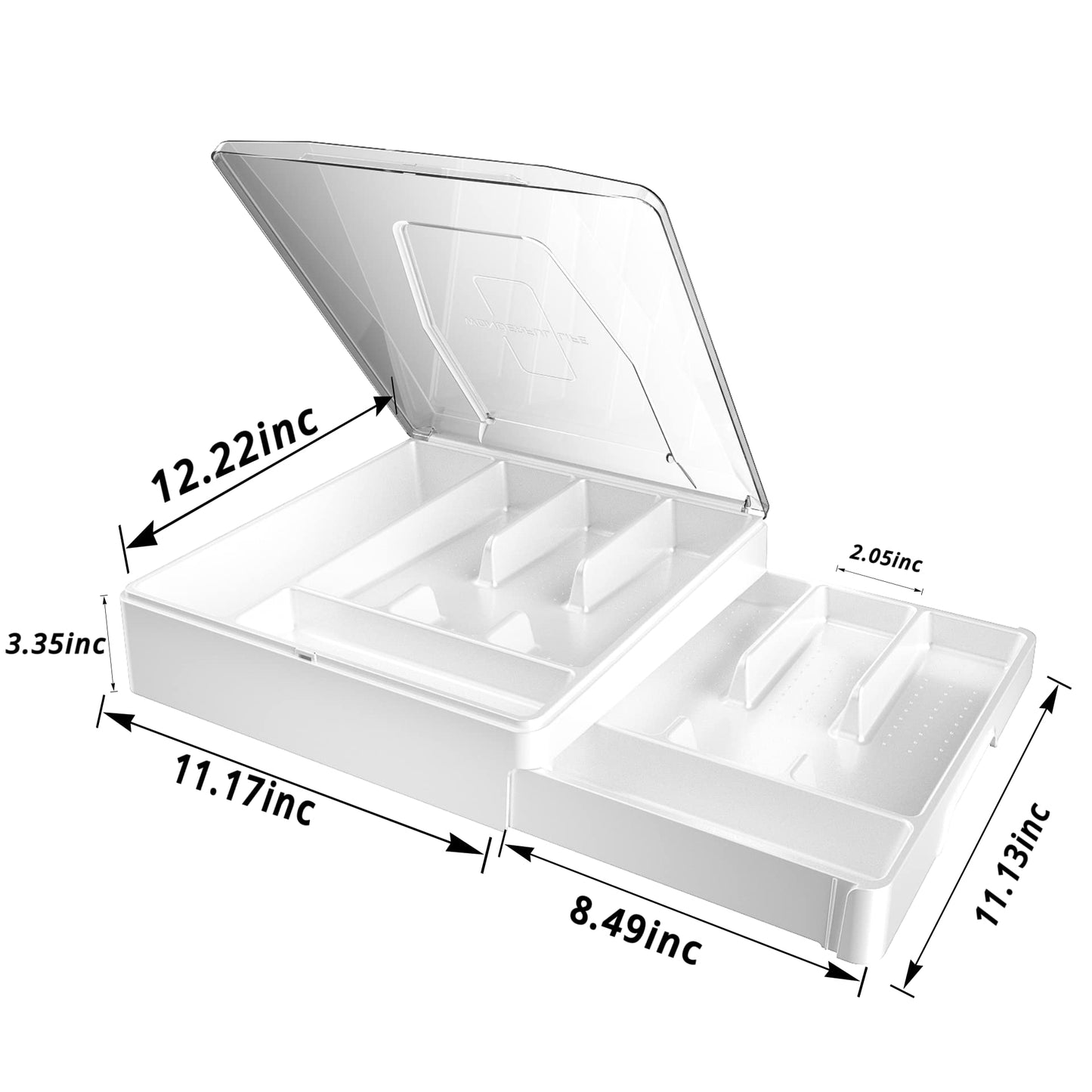 Double Layer Silverware Tray with Lid, Drawer Organizer for Utensil Tray, Cutlery Storage Holder with Cover, White