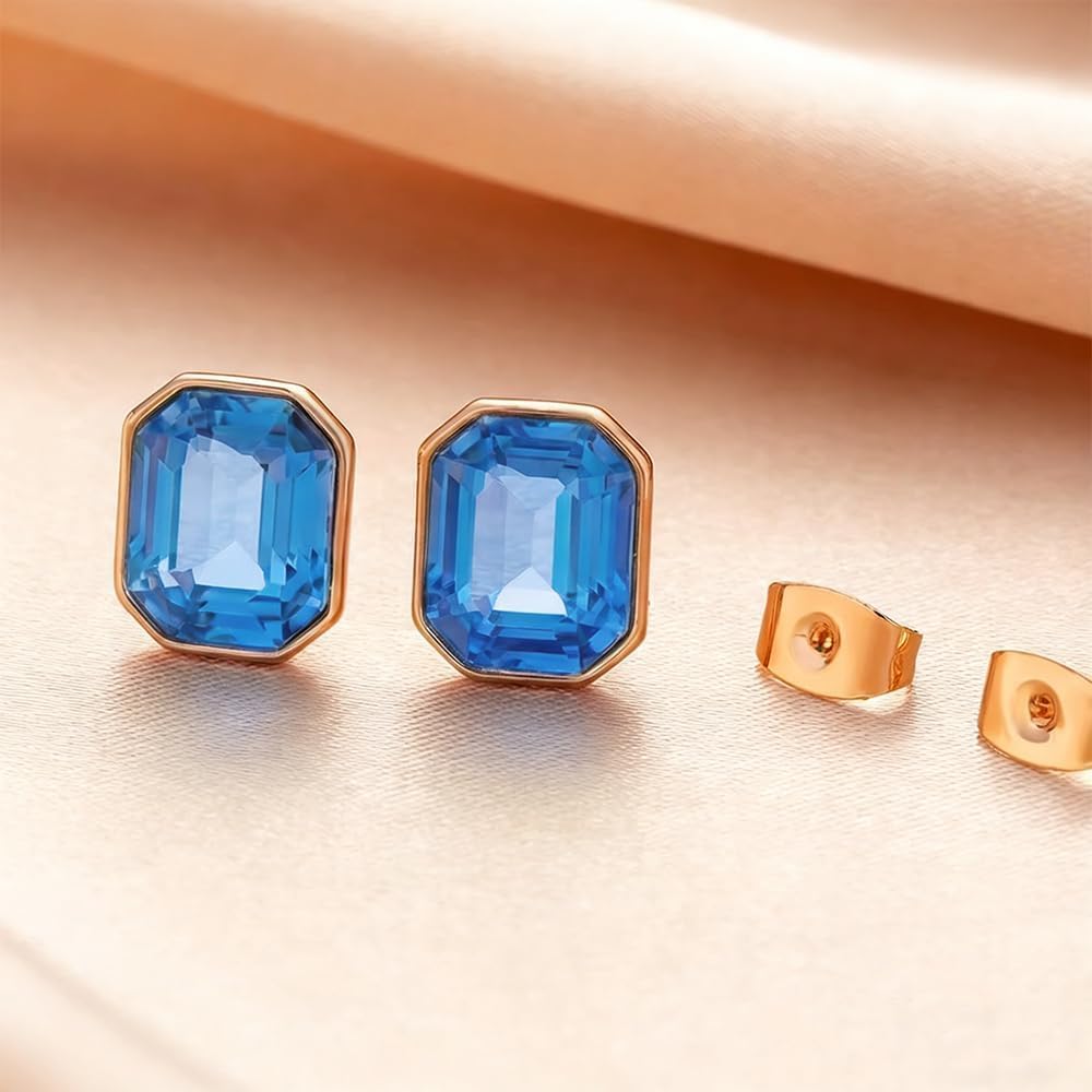 Austrian Crystal Octagon Stud Earrings for Women Fashion 925 Sterling Silver Post Hypoallergenic Jewelry (Sapphire)