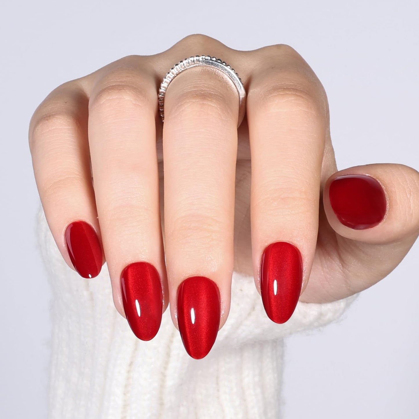 Leefrei Cherry Red Cat Eye Press On Nails - Short Almond Red Cat Eye Glow False Nail Tips Women, DIY Glossy Fake Nails Kit with Glue, Reusable Nails Short in 16 Sizes - 32pcs, Cherry Catseye