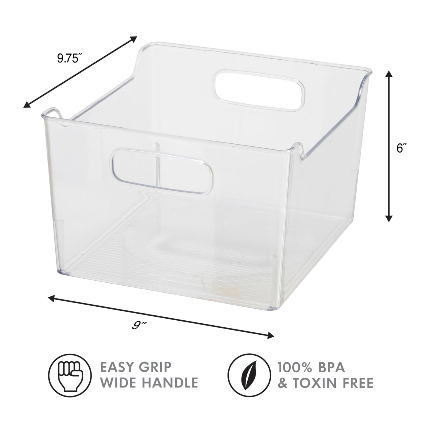Oggi Storage Bin With Handles - Deep (9.75" x 9" x 6") - Ideal for Kitchen Organization, Pantry Storage, Fridge Organizing, Clear