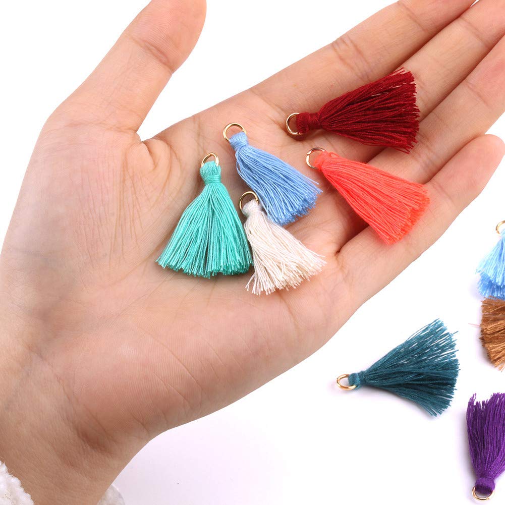 MSCFTFB 100 Pieces Mini Tassels with Jump Rings Mala Tassel Kit for Earring Necklace Jewelry Making Garland Keychain Charms Crafts Decorations (Pink)
