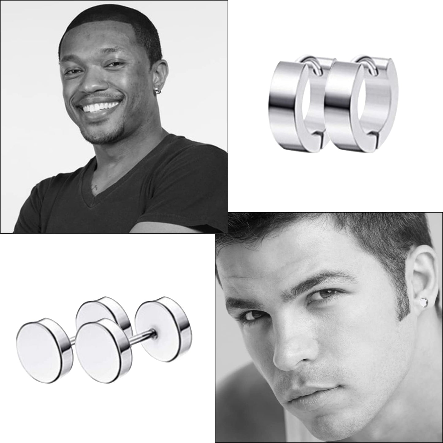LEBOCADO 10 Pack Men Earrings Set Black and Sliver Earrings for Men Women, Stainless Steel Hoop Stud Earrings Fashion Piercing, Punk Earrings with Storage Boxes