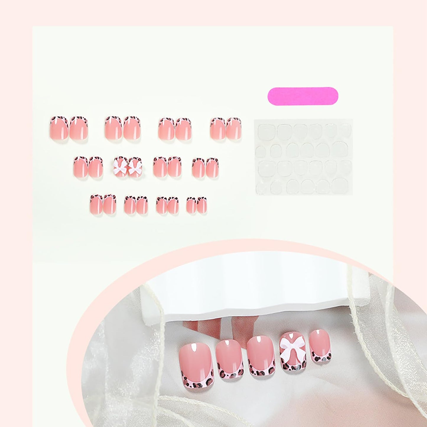 French Leopard Print Press On Nails Short Square Fake Nail White 3D Bow Design Nail Press Ons Pink Glossy Acrylic Nails Reusable False Glue On Nails For Women