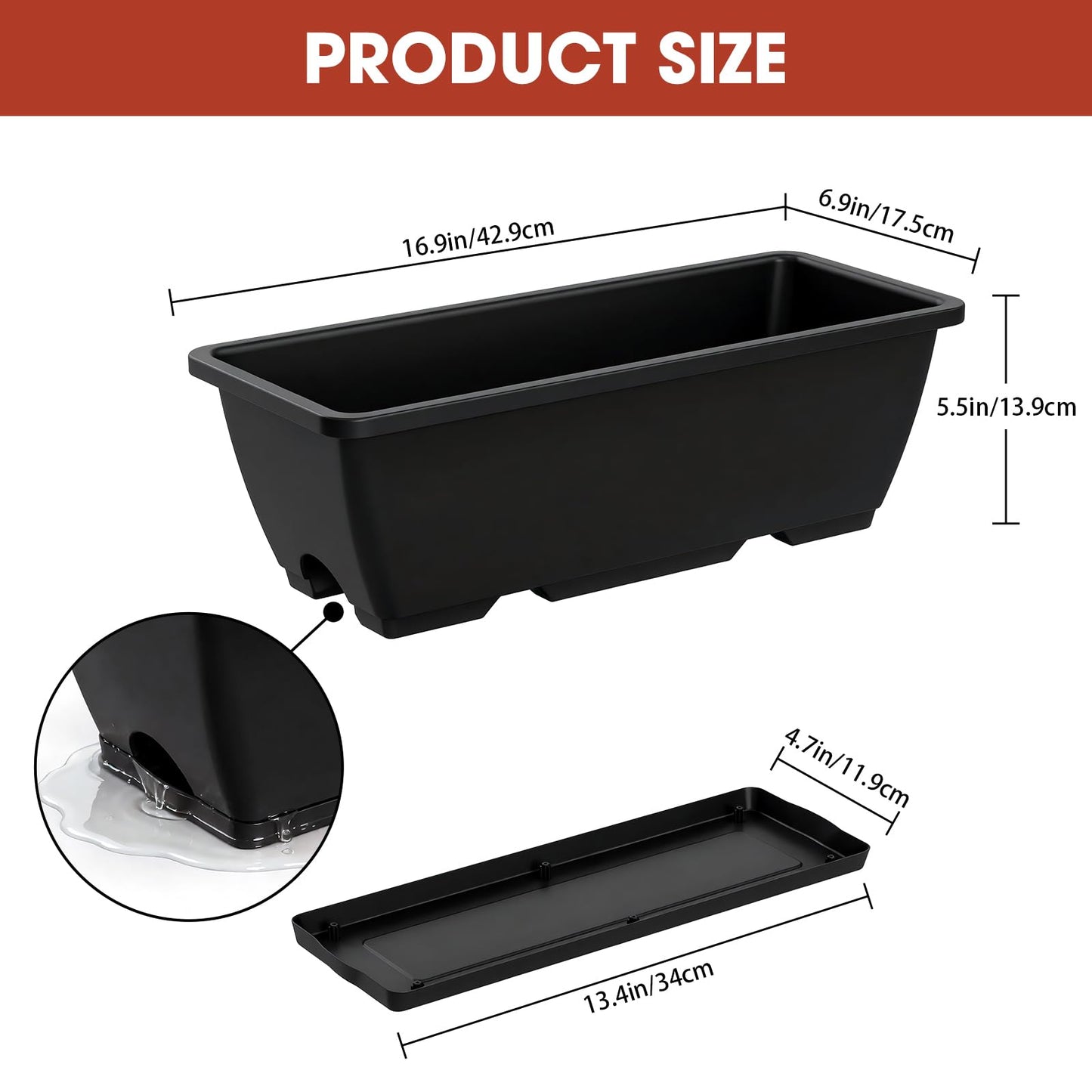 FANSXIVITA Rectangle Planters Box, 4 Pack Deck Hanging Planters for Railings, Window Box Planter with Drainage Holes & Trays, 16.9 Inch Balcony Planters Railing Hanging with Metal Brackets, Black