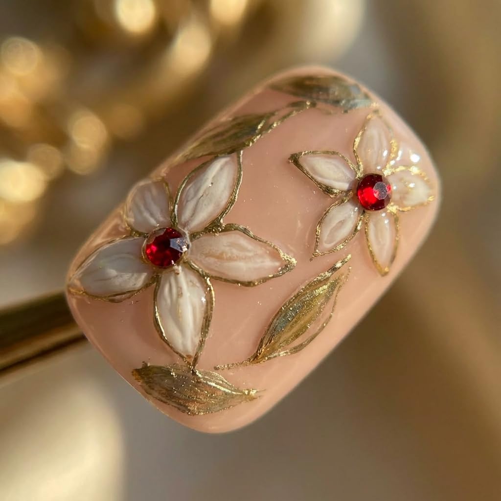 Galactic Bloom - Handmade Short Coffin Press on Nails Pink Nude Fake Nails with Blossom Design 10Pcs Size L Complete Kit Press Ons - Eli Miré