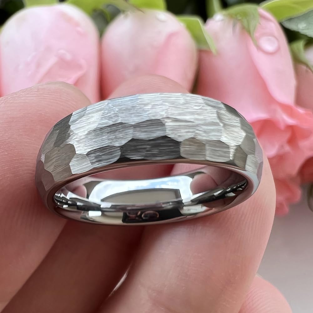 TUTISS 6mm Hammered Tungsten Rings for Men Women Fashion Engagement Wedding Bands Domed Matte Finish Comfort Fit Size 7