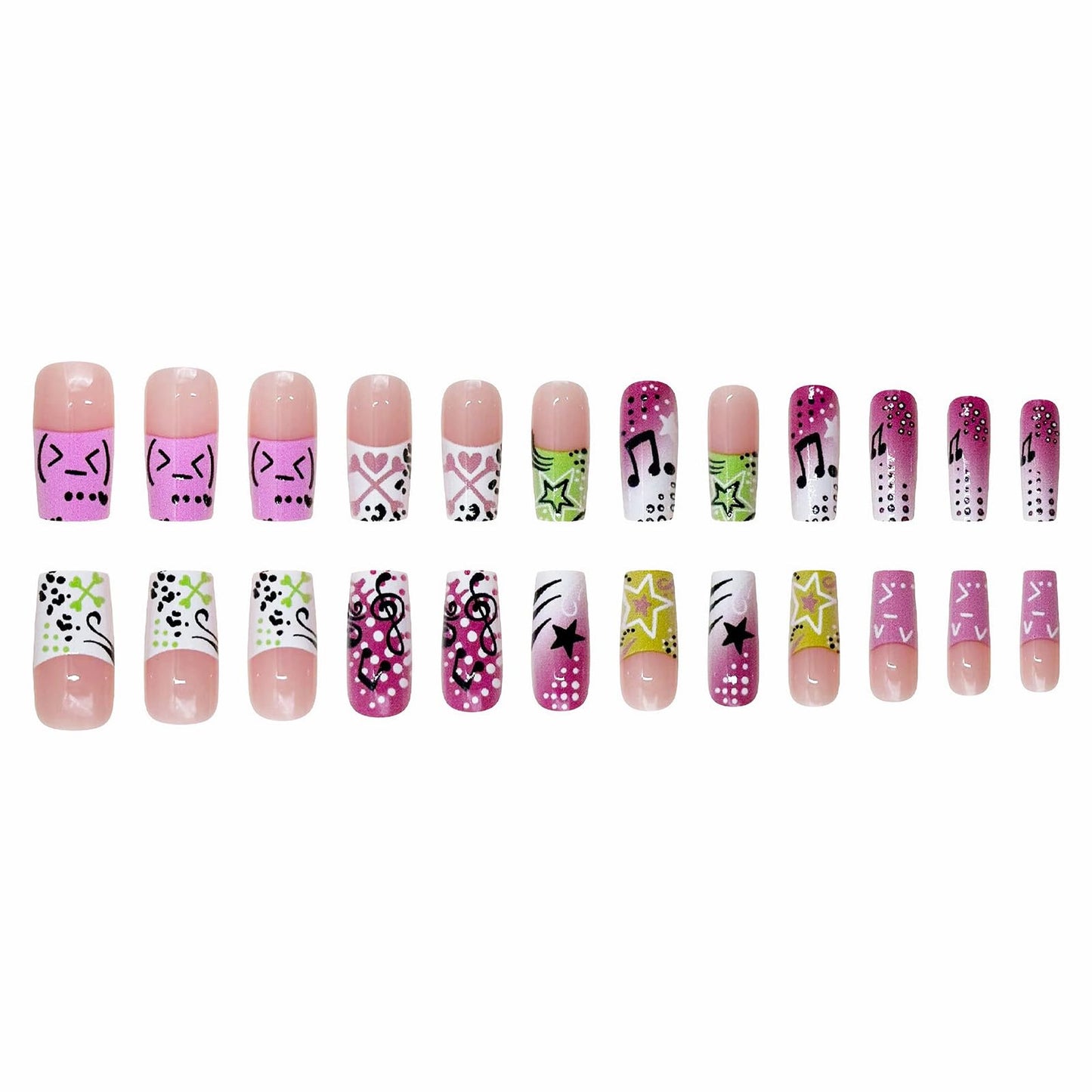 MISUD Press on Nails - Long Square Fake Nails with French Tip, Acrylic Y2K Star Design 24 pcs