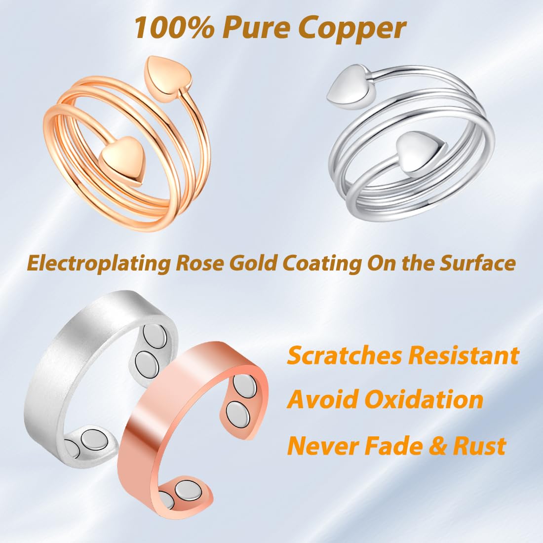 Vicmag Copper Magnetic Ring for Women, Magnetic Rings Ladies Fingers Thumb 100% Solid Pure Copper Jewelry Gift Adjustable(4PCS Glossy & Love)