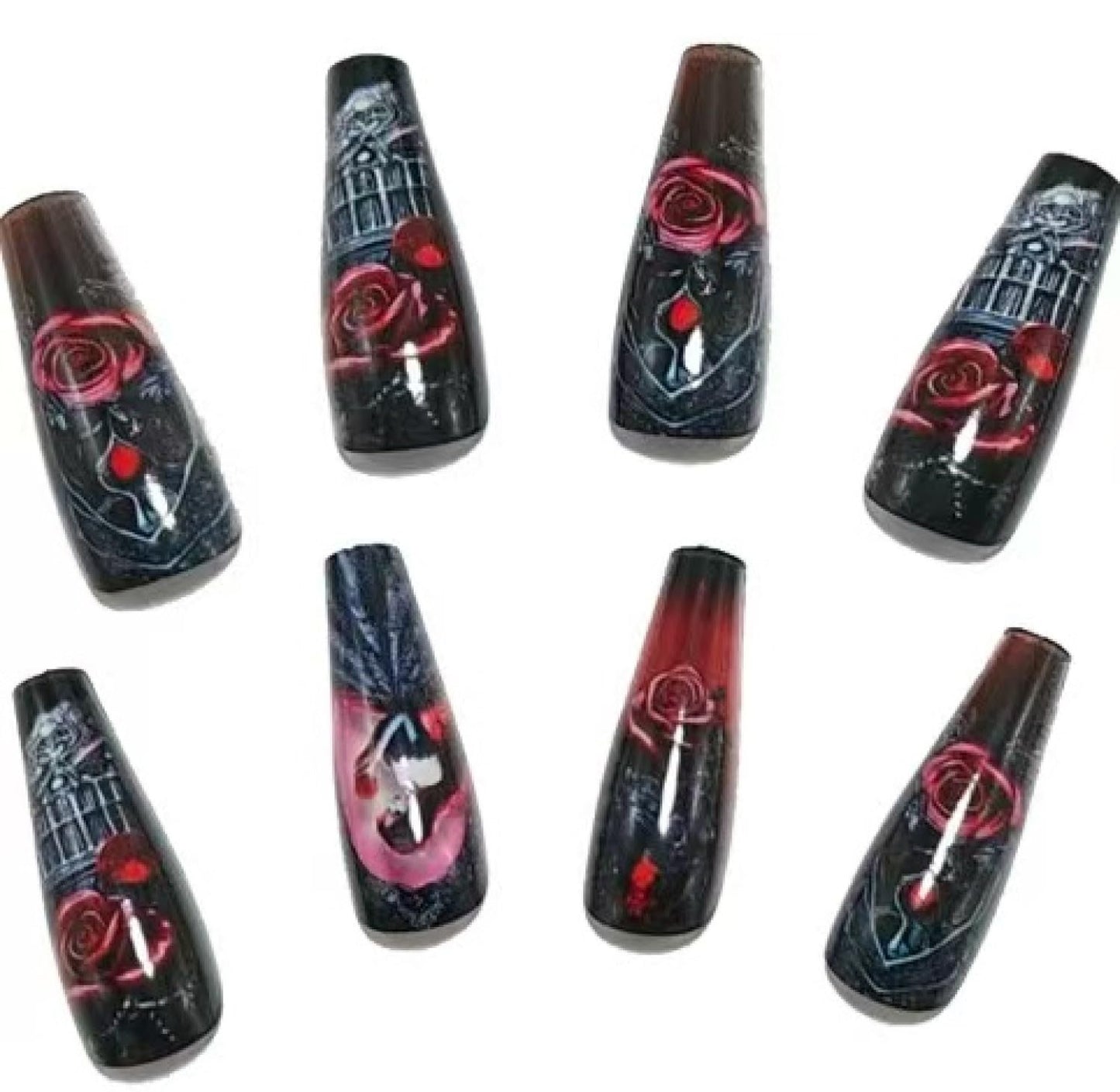Chunmeng Gothic Press on Nails Long Coffin, Black Red Rose Fake Nails with 3D Rose Heart Charms, Dark Baroque Princess Design Glue on Nails, Luxury Rhinestone Acrylic False Nails for Women