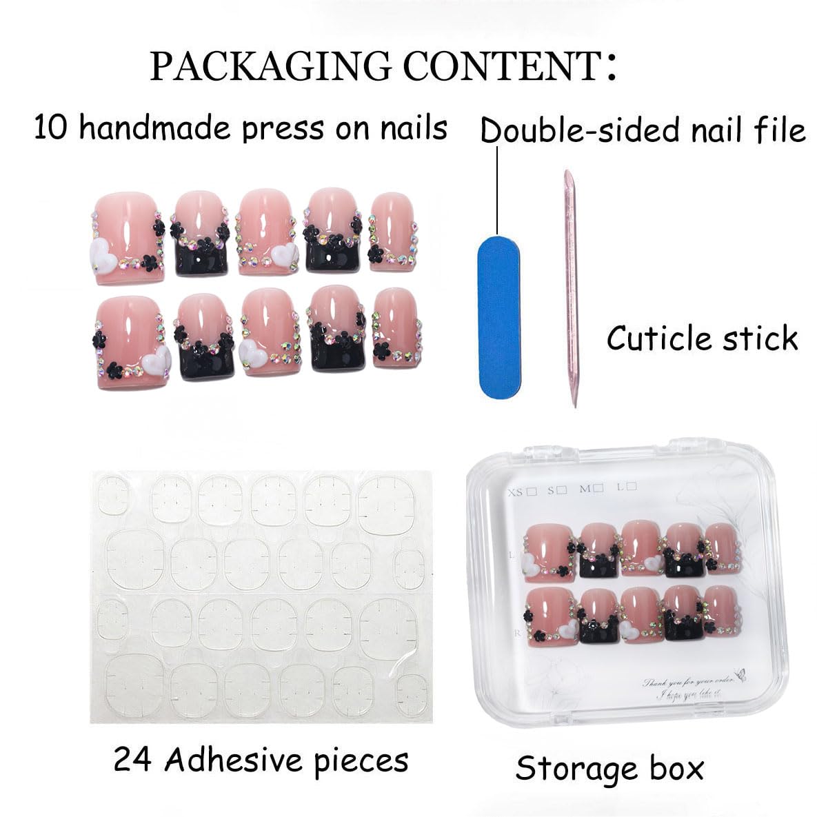 10Pcs Short Square Handmade Press On Nails | Easy Apply & Remove, Reusable Salon Quality Nails | Y2K Chic Nude Pink Fake Nails with 3D Heart, Black Flower & Rhinestone Accents(O905, S)