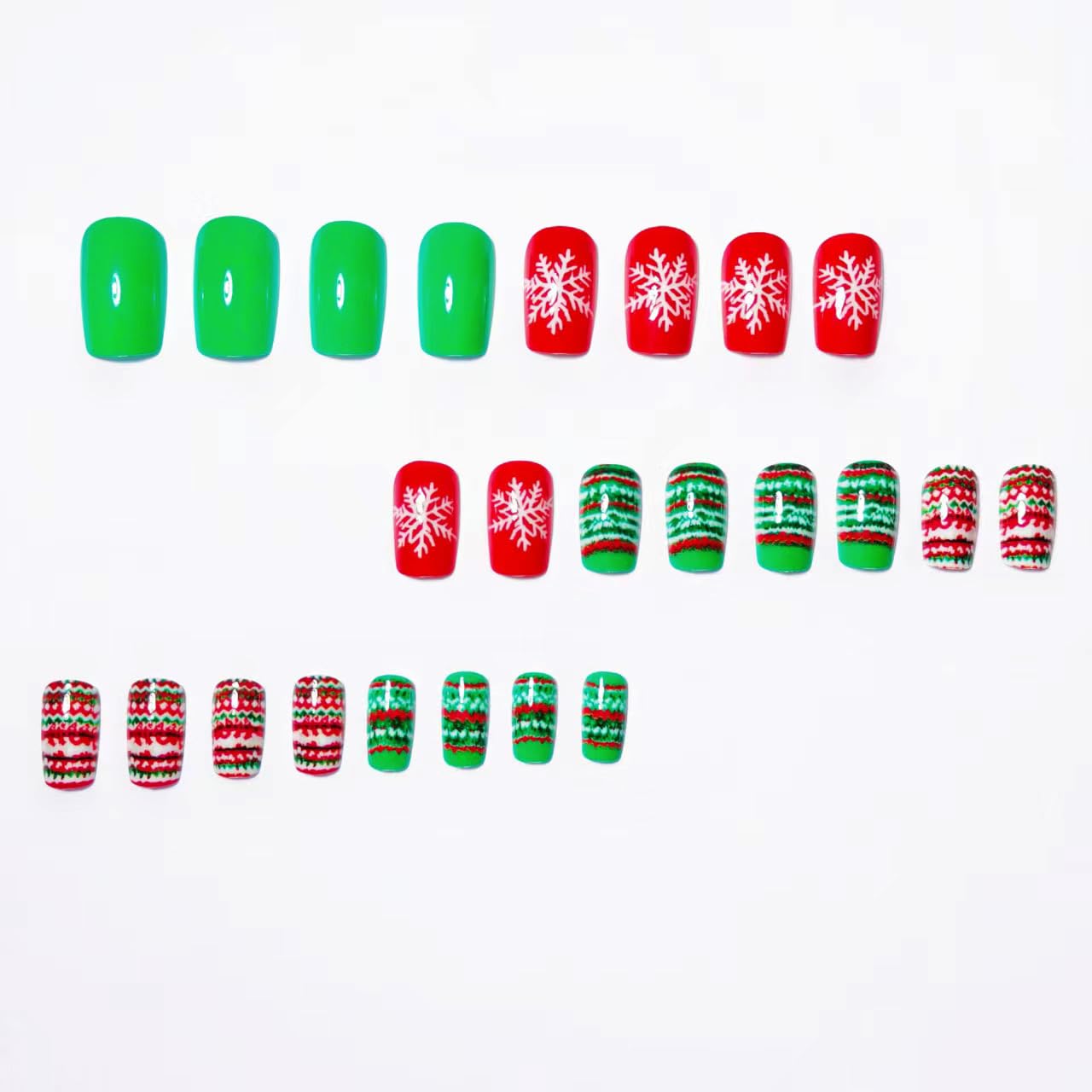 Christmas Press on Nails Red Short Fake Nails with Snowflake Designs Stripe Square False Nail for Women Glossy Full Cover Stick on Nails Xmas Glue on Nail for Women 24Pcs