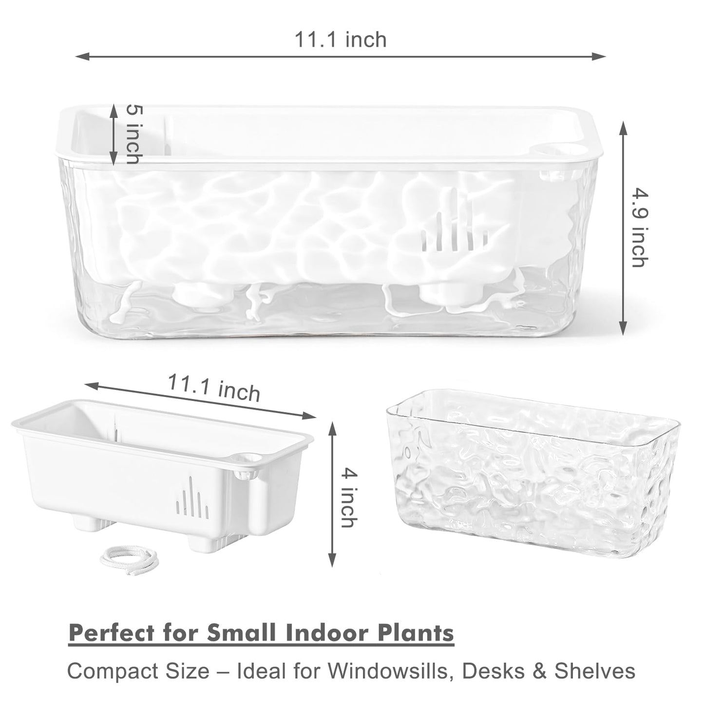 Self Watering Pots for Indoor Plans, 2 Packs Window Boxes Planters Rectangle Self Watering Planter 11 in Rectangular Clear Plant Pots Long Herb Windowsill Planter Flower Box Succulent Planters