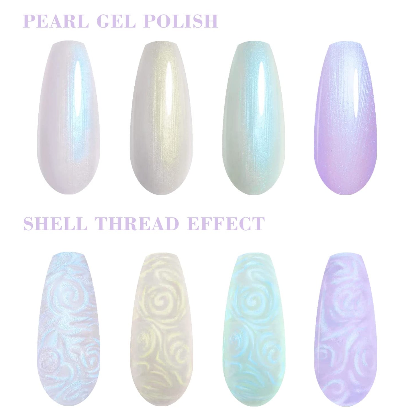Vishine Pearl Gel Nail Polish Set 4 Color Pearlescent Shell GlitterMilky White Green Purple Shimmer Mermaid Nail Gel Polish Soak Off LED UV Curing Requires Swirl Thread Effect DIY Manicure 8ml