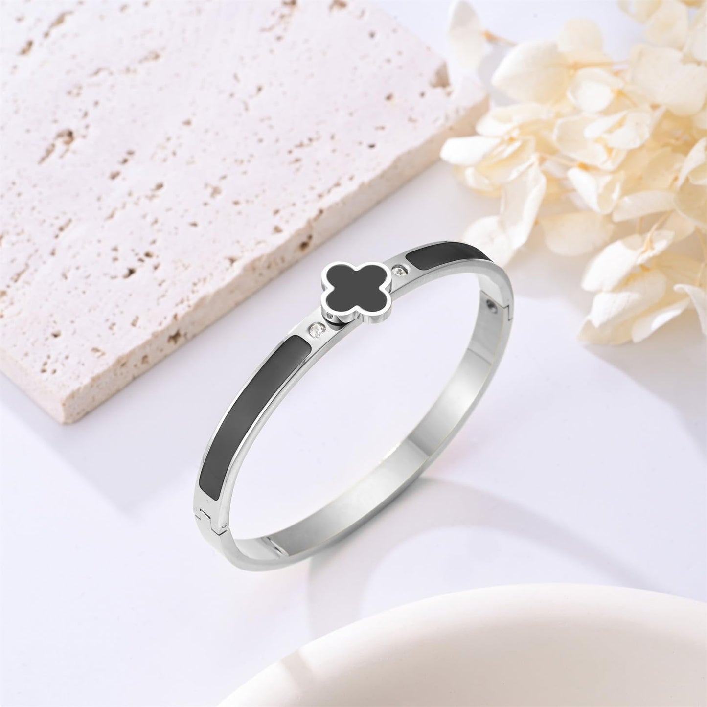 KYJAC 18k Gold Plated Stainless Steel Four Leaf Clover Bracelet for Women - Non-Tarnish, Precision Polished Chunky Oval Bangle in Black, White, Pink, Red Clover Bangle (Silver Black)