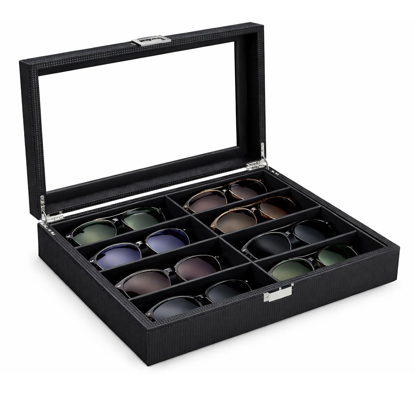 BEWISHOME Sunglass Organizer Case, 8-Slot Glasses Display Case With Large Clear Glass Lid, Pu Leather Lined Glasses Organizer for Men