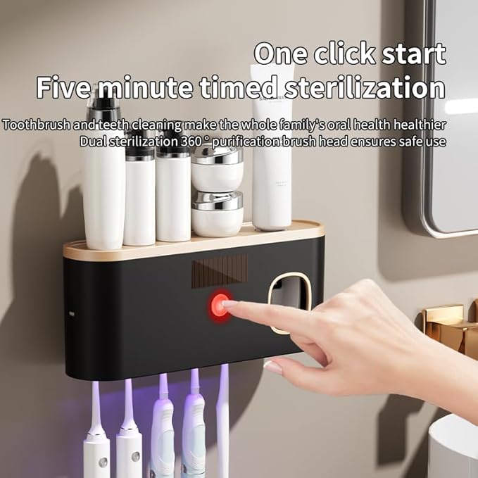Toothbrush Holders for Bathrooms, Toothbrush Holder Wall Mounted with Toothpaste Dispenser Bathroom Solar Charging and No Drilling Required Tooth Brush Holder with 5 Brush Slots