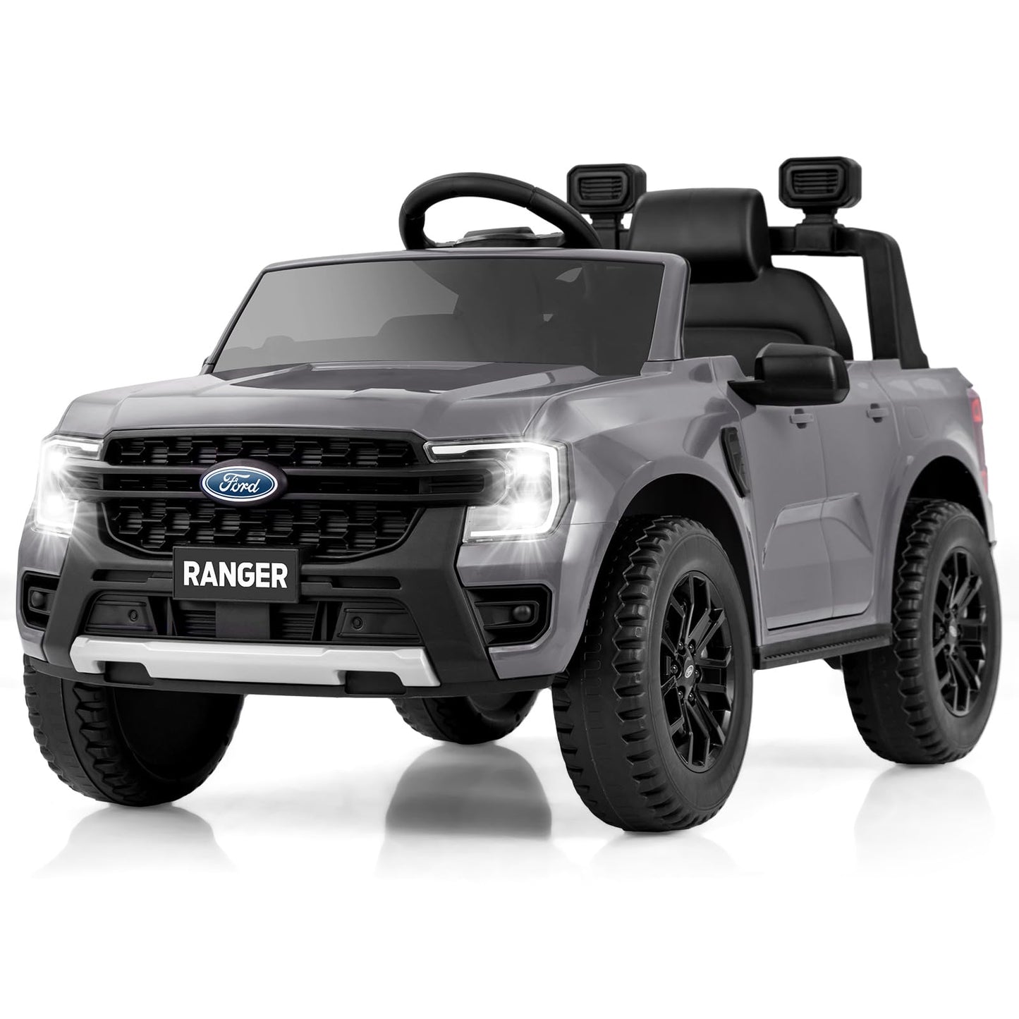 Licensed Ford Ranger Ride on Car for Kids by OLAKIDS, 12V Electric Vehicle Truck with Remote Control, Toddlers Battery Powered Toy with 2 Speeds Wheels Suspension Storage Space Bluetooth USB (Gray)