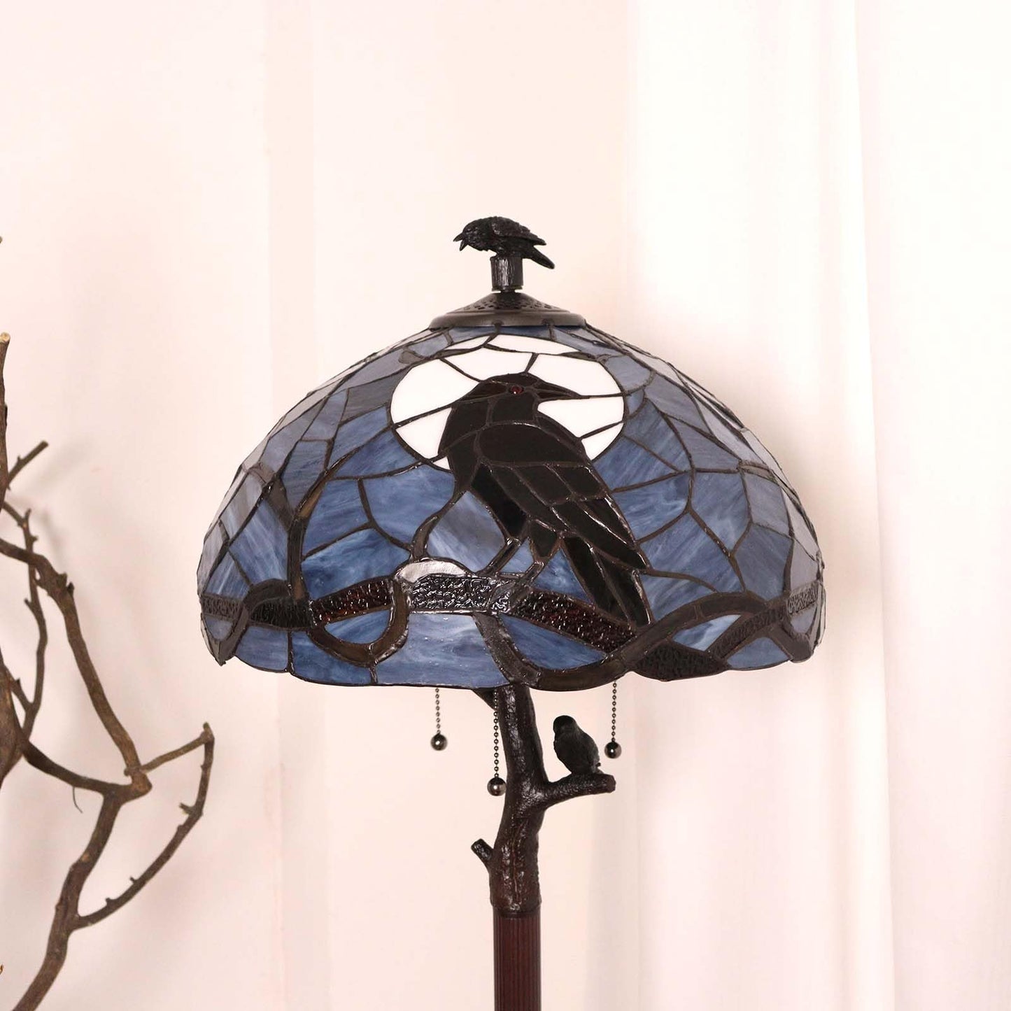 Bieye L12023 Tiffany Style Stained Glass Raven Floor Lamp Gothic Crow and Full Moon Design for Home Décor, 16Wx62H