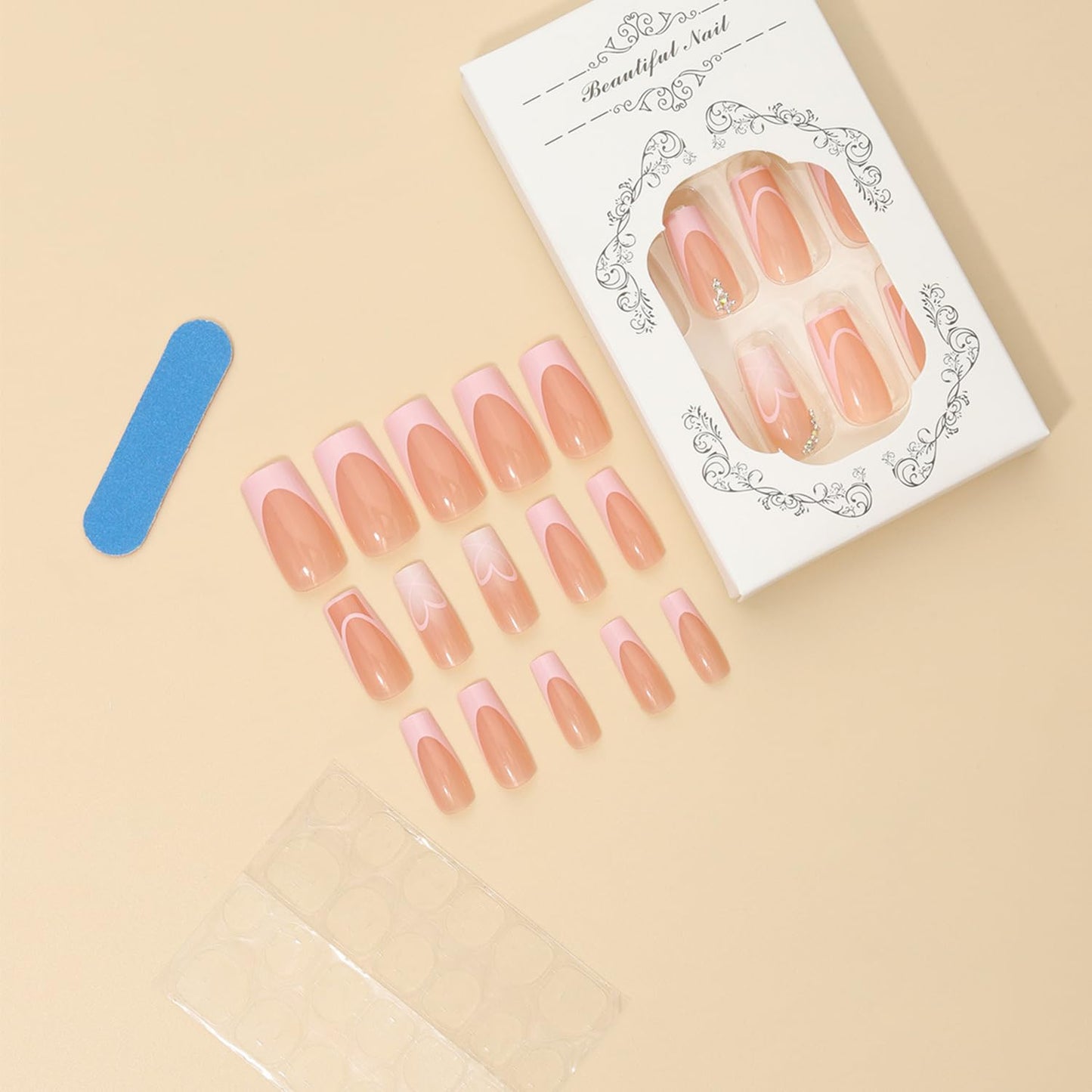 Heart Press on Nails Medium Square Artificial Acrylic Fingernails French Pink Tip False Nails Translucent Love with Rhinestones Valentines Stick on Nail Full Cover Glossy Glue on Nail for Women