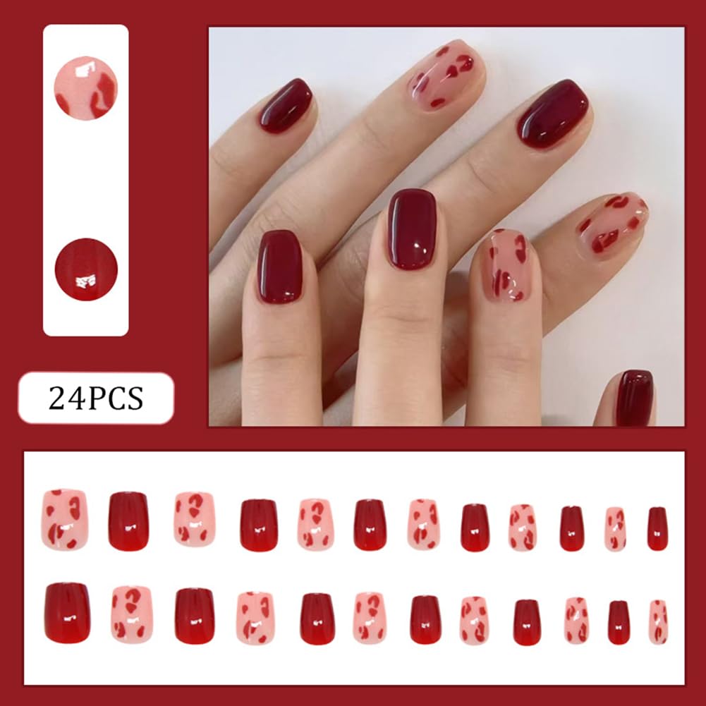RUPOFUZA Press on Nails Spring Square Short Fake Nails Red Leopard Print False Nails Glossy Red Glue on Nails Acrylic Artificial Nails Extra Short Glue on Nails for Women 24Pcs