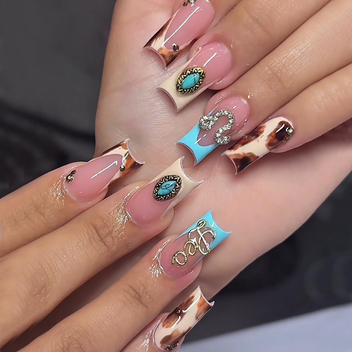 plalely Press on Nails French Tip, 3D Handmade Acrylic Press on French Tip Nails with Designs，Long Square Nail Press Ons for Women 24pcs