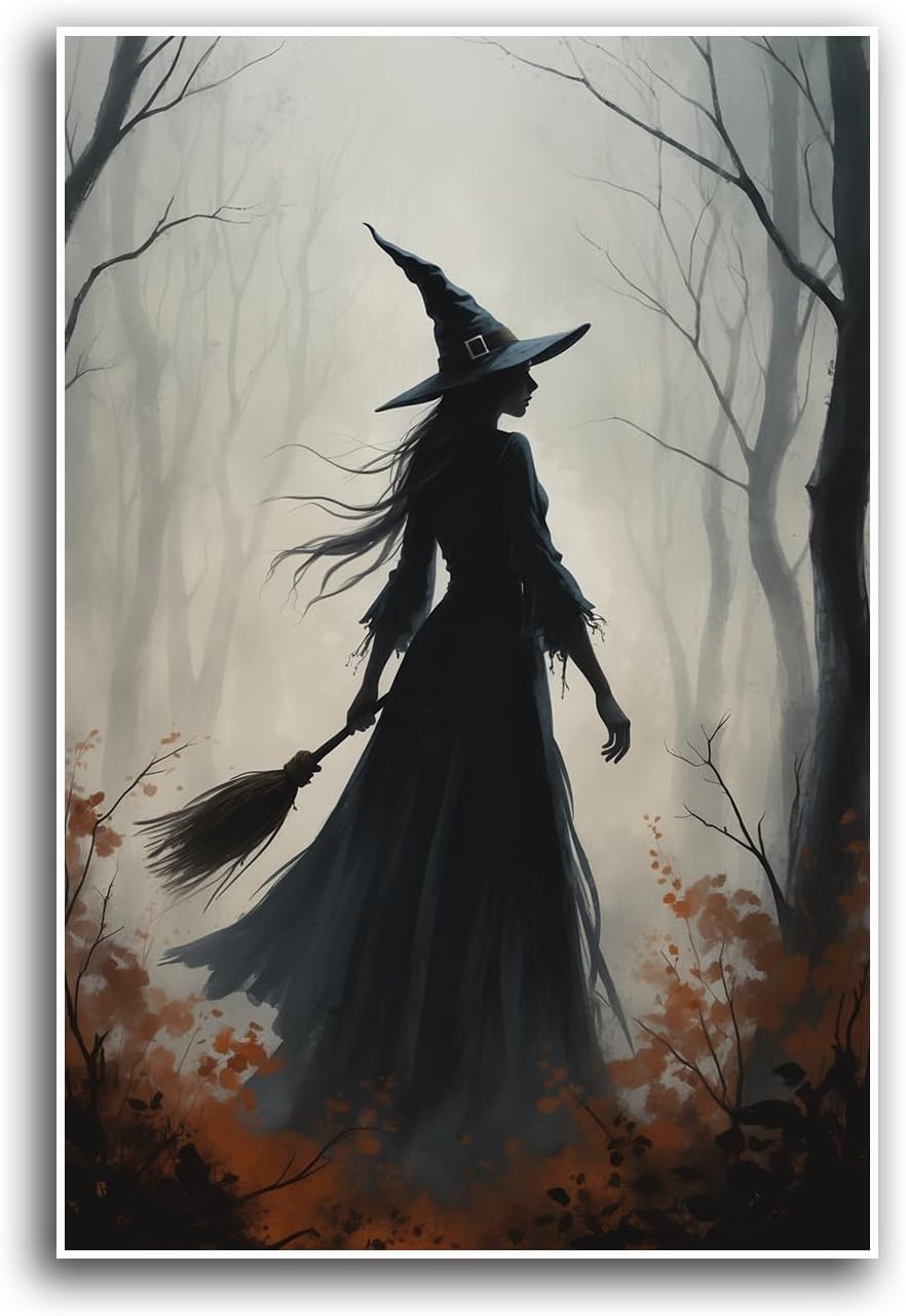 JFHCQJPK Vintage forest witch silhouette poster Halloween mural poster decoration mural art magic suitable for home living room bedroom20x30in Frameless