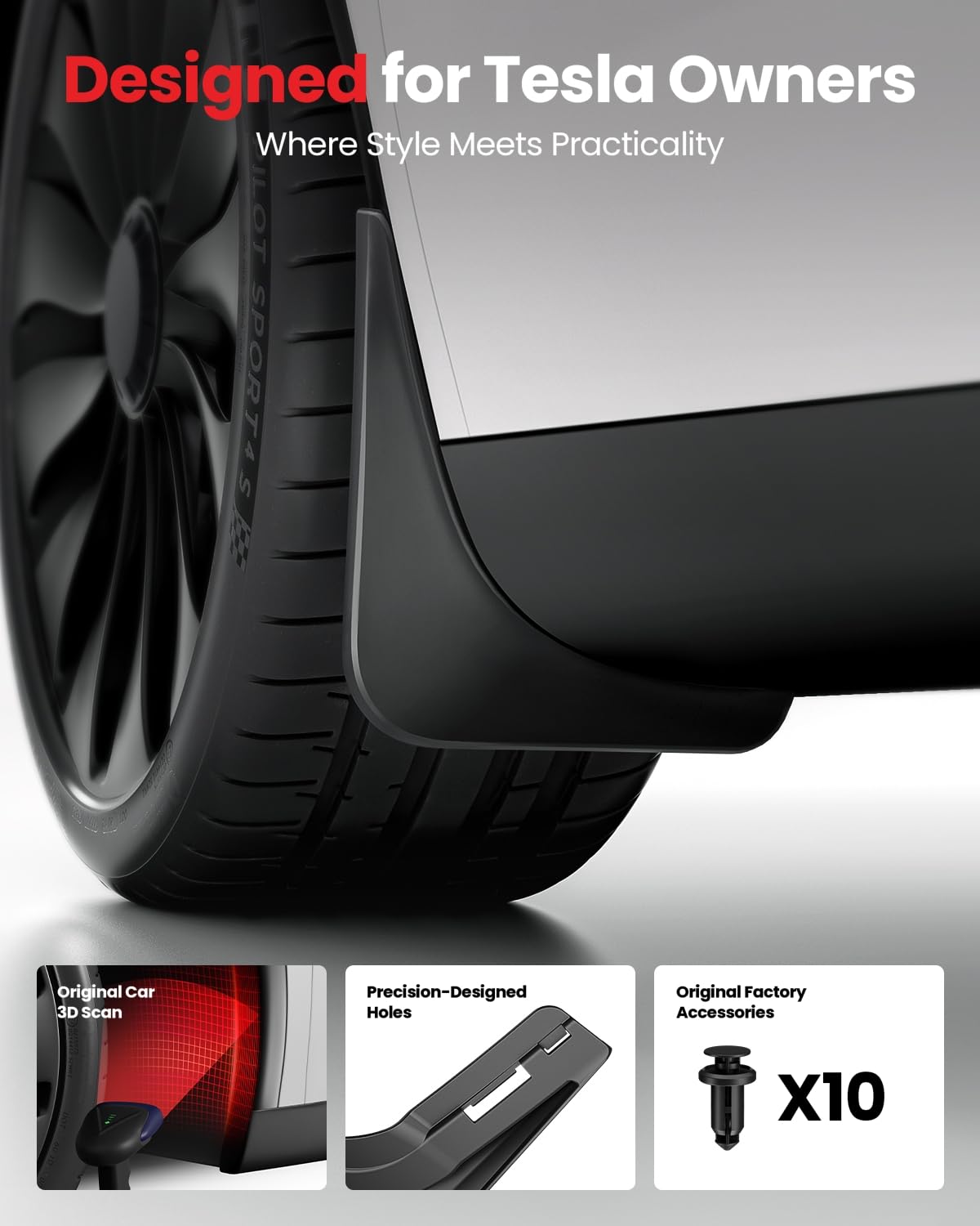 REEVAA Tesla Model Y Accessories - Mud Flaps [Protect Paint, No Drilling Required] All-Weather Splash Guard Body Kits for Model Y 2019-2024, Black (Set of 4)