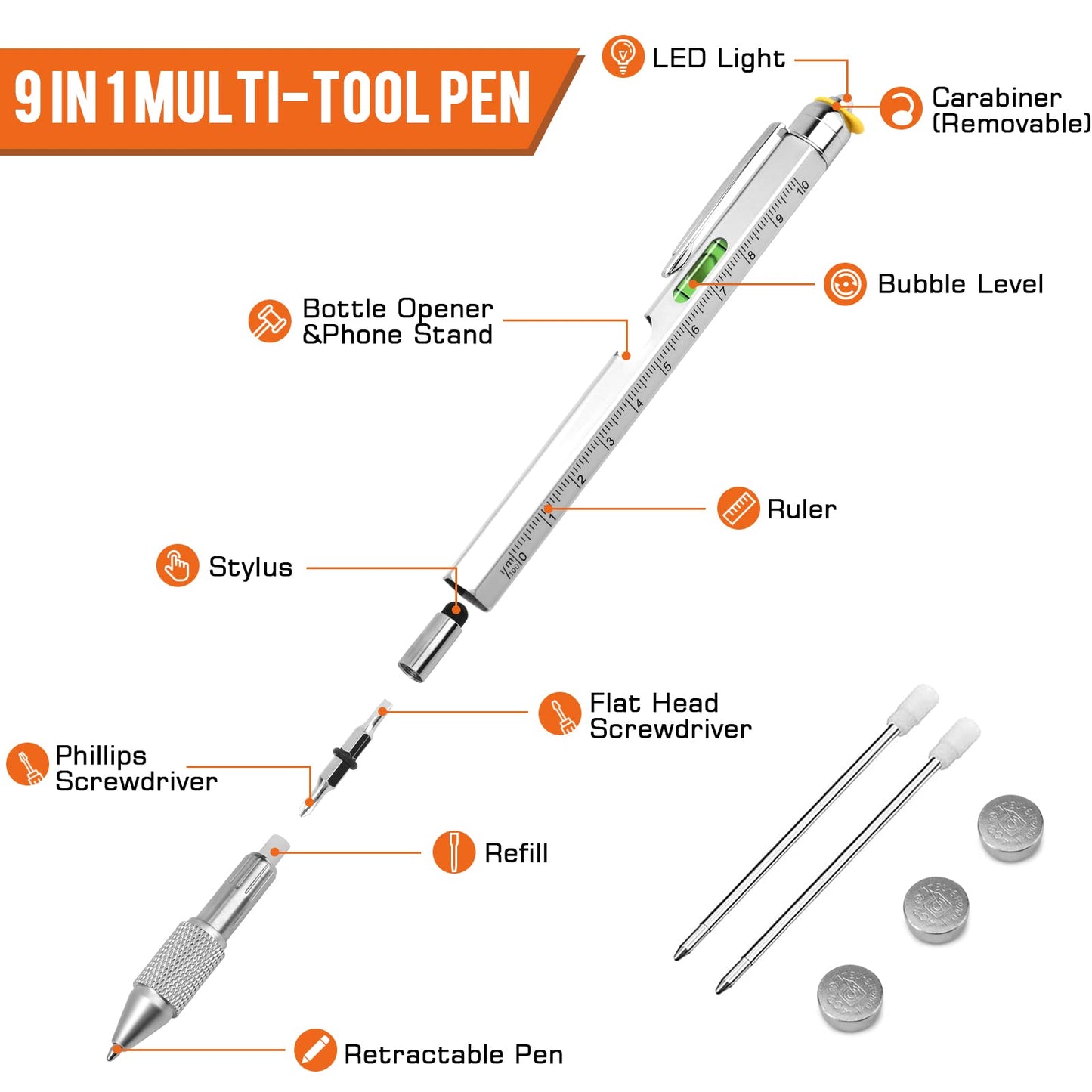 9 in 1 Multi-Tool Pen for Men, Tools with Ballpoint Pen, Screwdrivers, LED Light, Ruler, Stylus, Bubble Level and Bottle Opener, Practical Fathers Day Birthday Gifts for Men Dad Handyman DIY Lovers